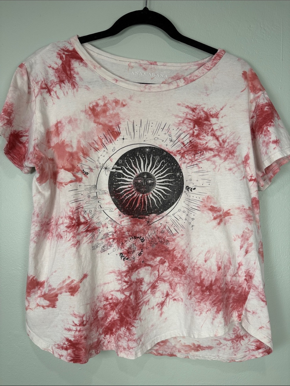 Ana Cabana Pink Tie-Dye Celestial Sun & Moon Graphic Tee Size Large 100% Cotton